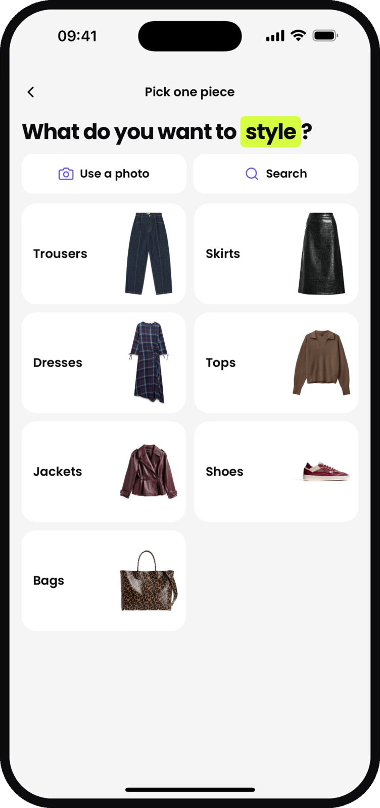Pikora asking what you want to style: trousers, skirts, dresses, tops, jackets, shoes or bags