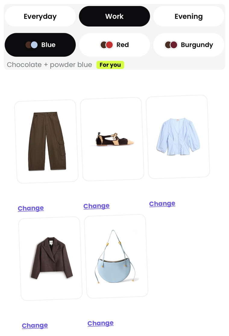 An outfit in Pikora with Everyday, Work and Evening tabs and three colour stories