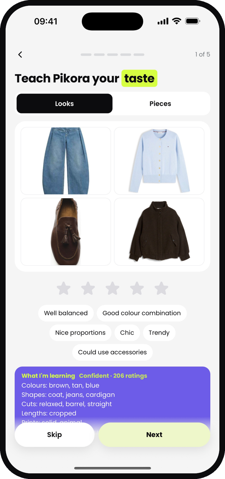 Teach Pikora your taste: rating a look, and what Pikora has learned so far