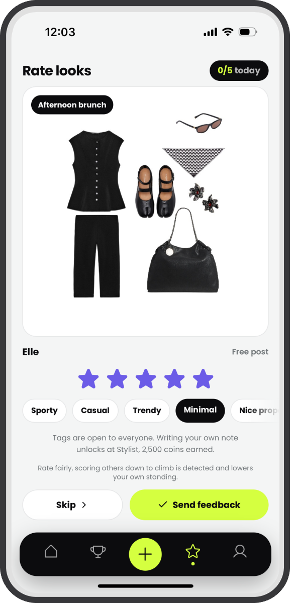 Rating a look in Pikora with stars and quick reason chips